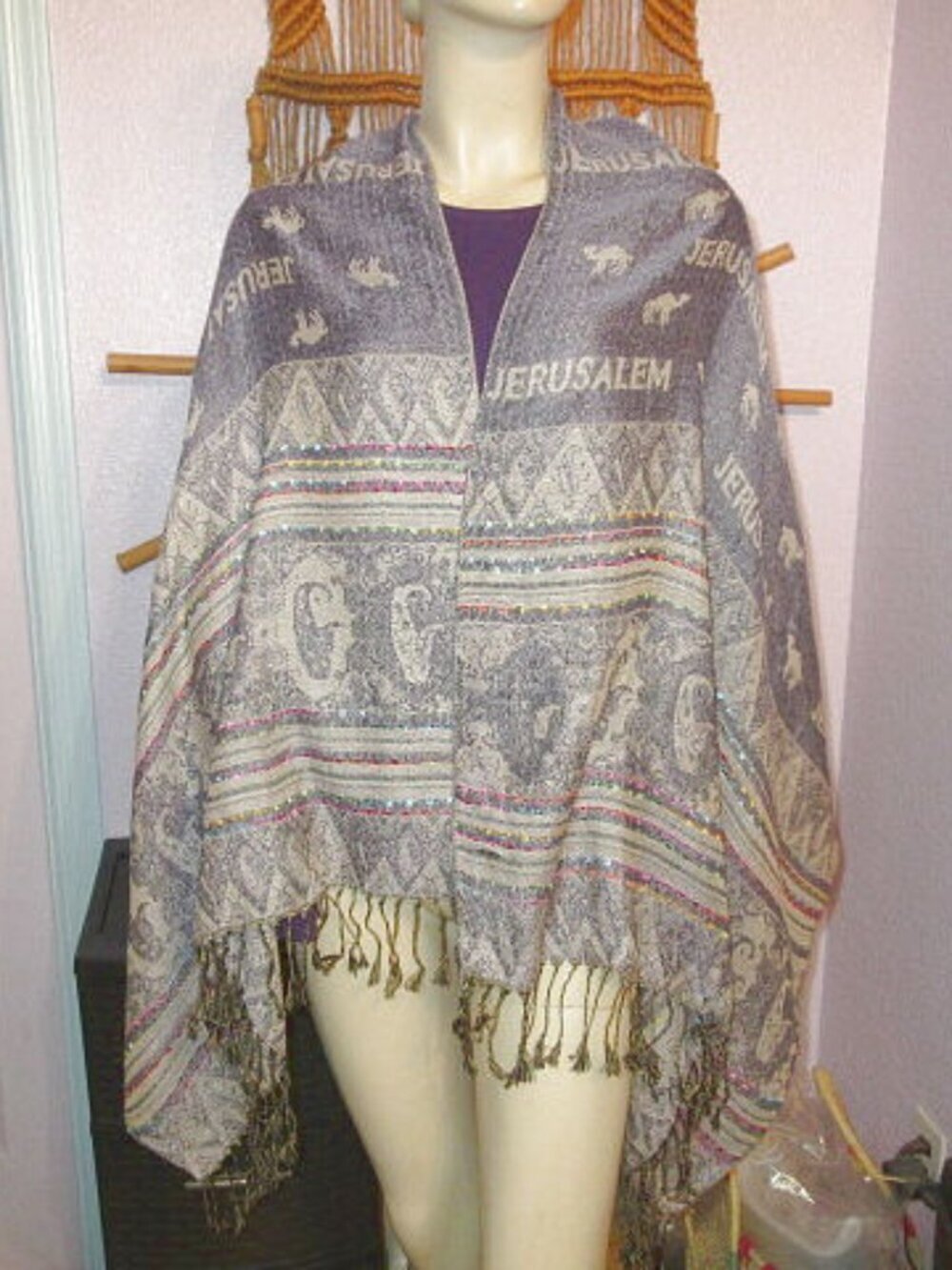 Vtg Jerusalem Cashmere Scarf Embroidered Fringe Israel Holy Land Souvenir Shawl